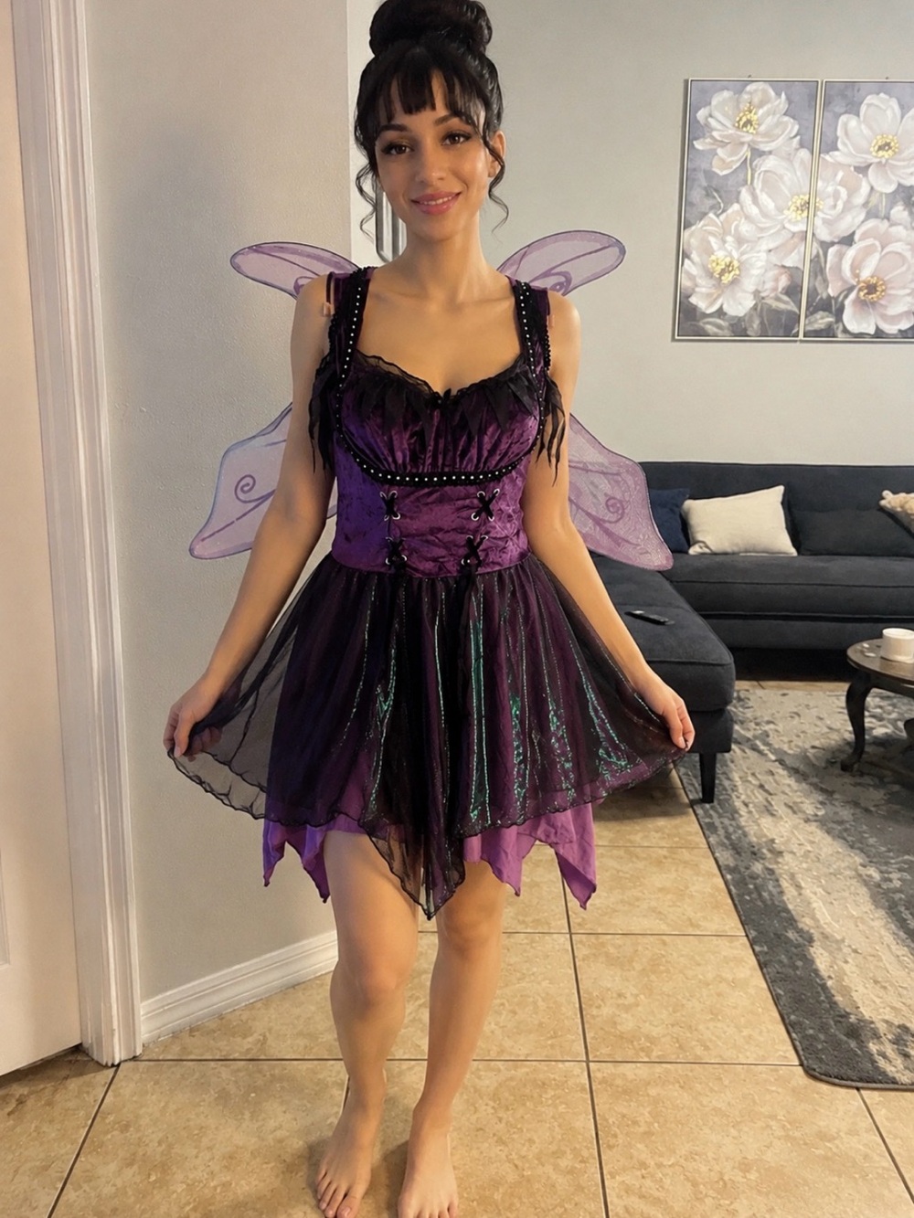 Spirit Purple Fairy Costume Dress with Wings & Floral Headband Adult Size S Hall